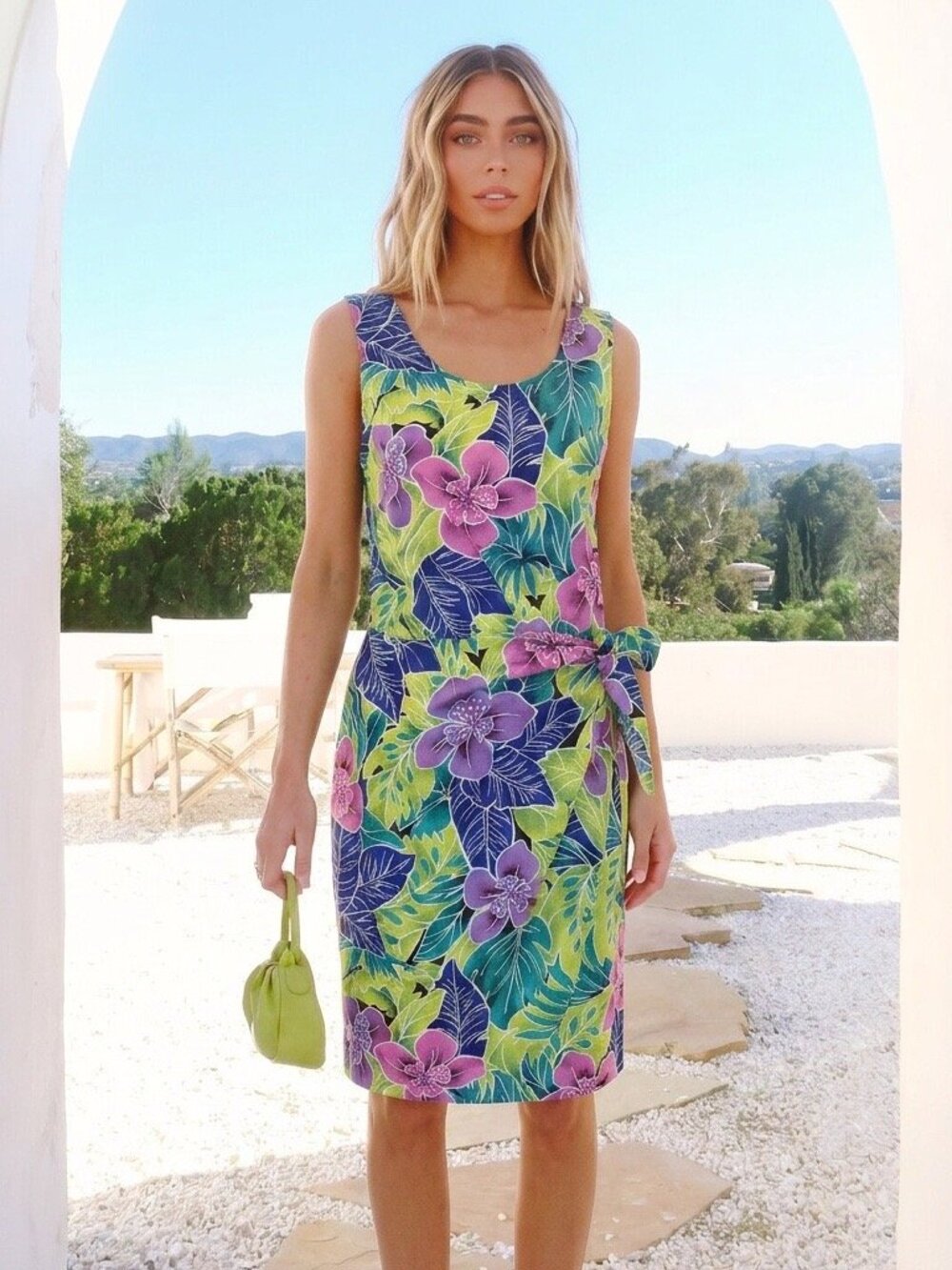 VTG Hilo Hattie Hawaiian Faux Wrap Sarong Dress Floral Purple Green Size Small